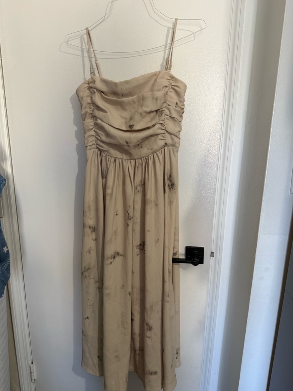 Beige Ruched Spaghetti-Strap Midi Dress - Unbranded